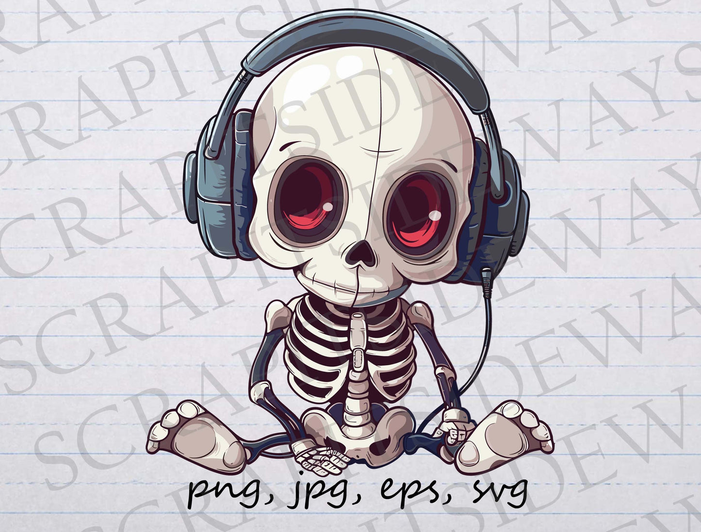 Chibi skeleton with headphones clip art clipart vector graphic svg png eps sticker design t-shirt design skull creepy cute hip hop skeleton