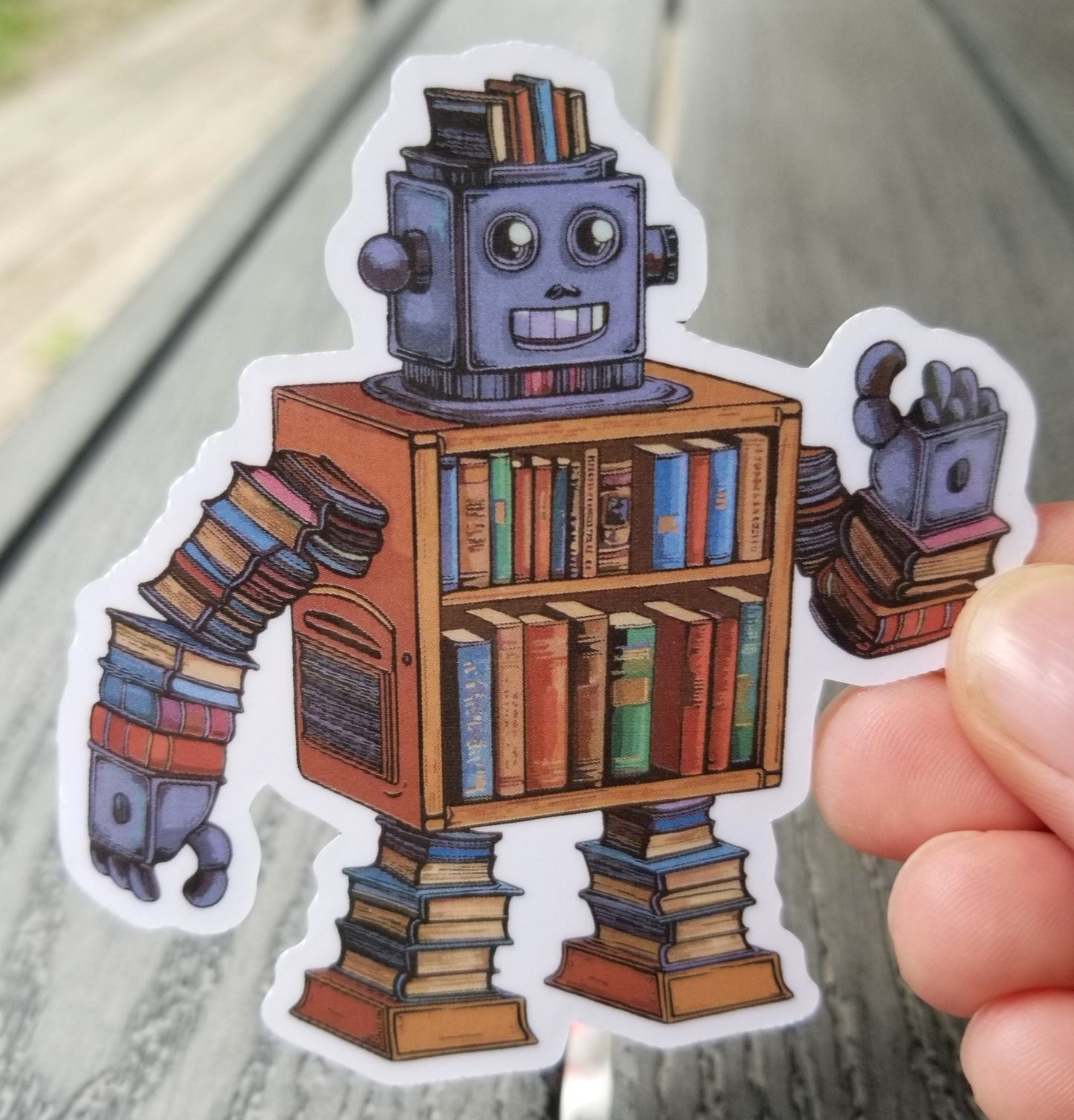 Bookshelf robot vinyl sticker 3 inches, water resistant decal, book robot, book lover, book enthusiast, book fan, book robot, weird books