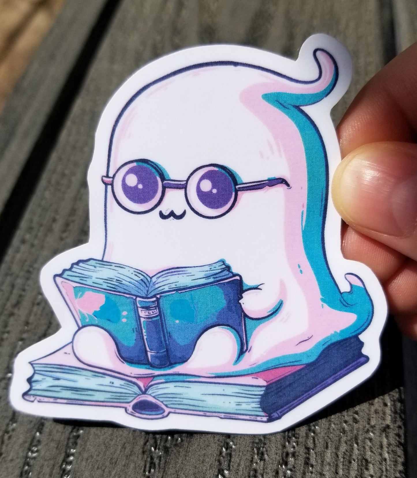 Pastel ghost reading a book vinyl sticker 3 inches, water resistant decal, cute ghost, i love to read, book lover, book fan, reading ghost