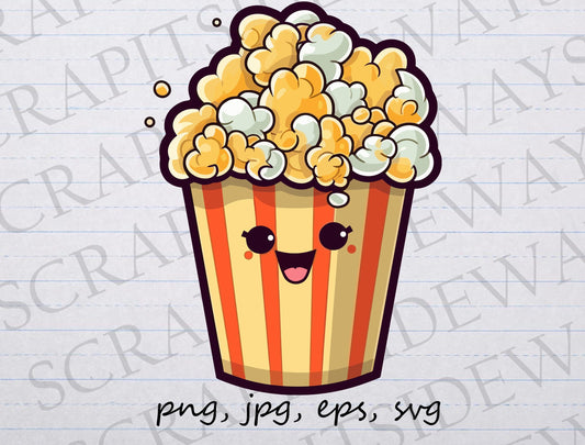 Cute kawaii popcorn clipart vector graphic svg png jpg eps movie food date night bag of popcorn