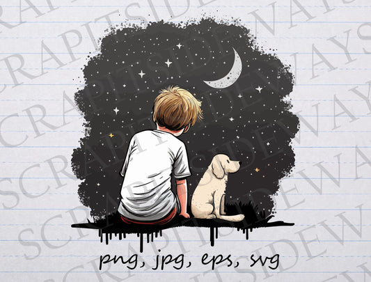 Little boy star gazing with his dog clipart vector graphic svg png jpg eps t-shirt design sticker design starry night sky star watching