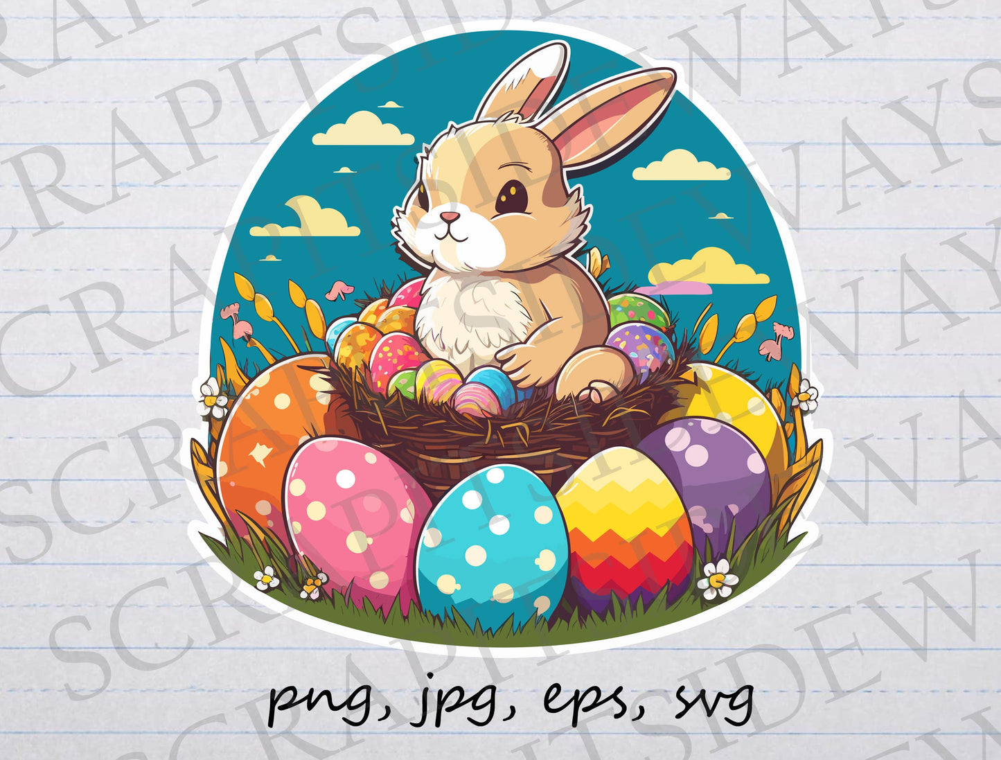 Easter bunny rabbit in basket of eggs clipart vector graphic svg png jpg colorful