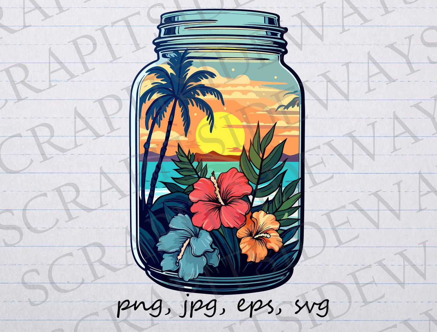 Tropical plants in a jar clip art clipart vector graphic svg png jpg eps mason jar oasis, beach in a jar, tropical oasis mason jar