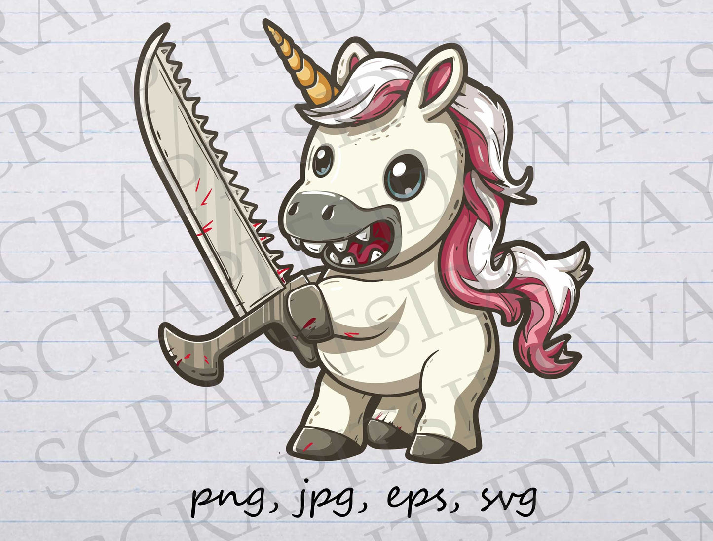 Unicorn with knife clip art clipart vector graphic svg png jpg eps, funny unicorn, derpy unicorn, scary unicorn, crazy unicorn