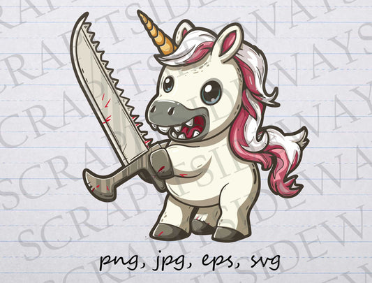 Unicorn with knife clip art clipart vector graphic svg png jpg eps, funny unicorn, derpy unicorn, scary unicorn, crazy unicorn