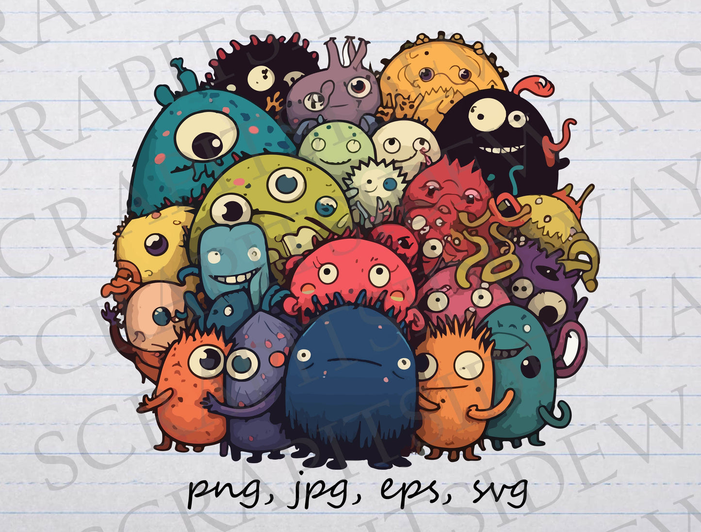 Doodle monsters clipart vector graphic svg png jpg eps creatures cute monsters