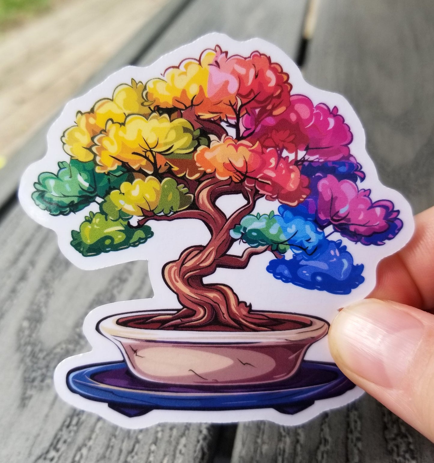 Rainbow bonsai vinyl sticker 3 inches, water resistant decal, colorful bonsai, bonsai lover, plant lover, colorful plant, little tree