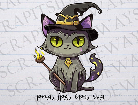 Cute Cat witch clipart vector graphic svg png jpg eps halloween witch hat