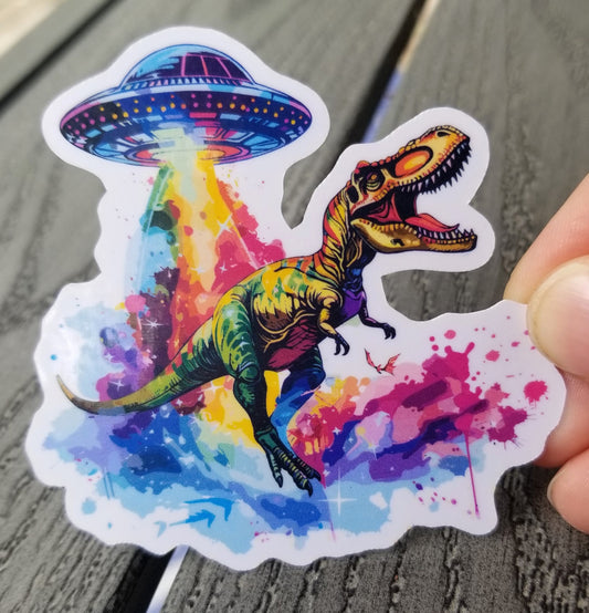 Trex being abducted by aliens vinyl sticker 3 inches, water resistant decal, dinosaur alien abduction, dinosaur UFO, t-rex UFO, dino UFO