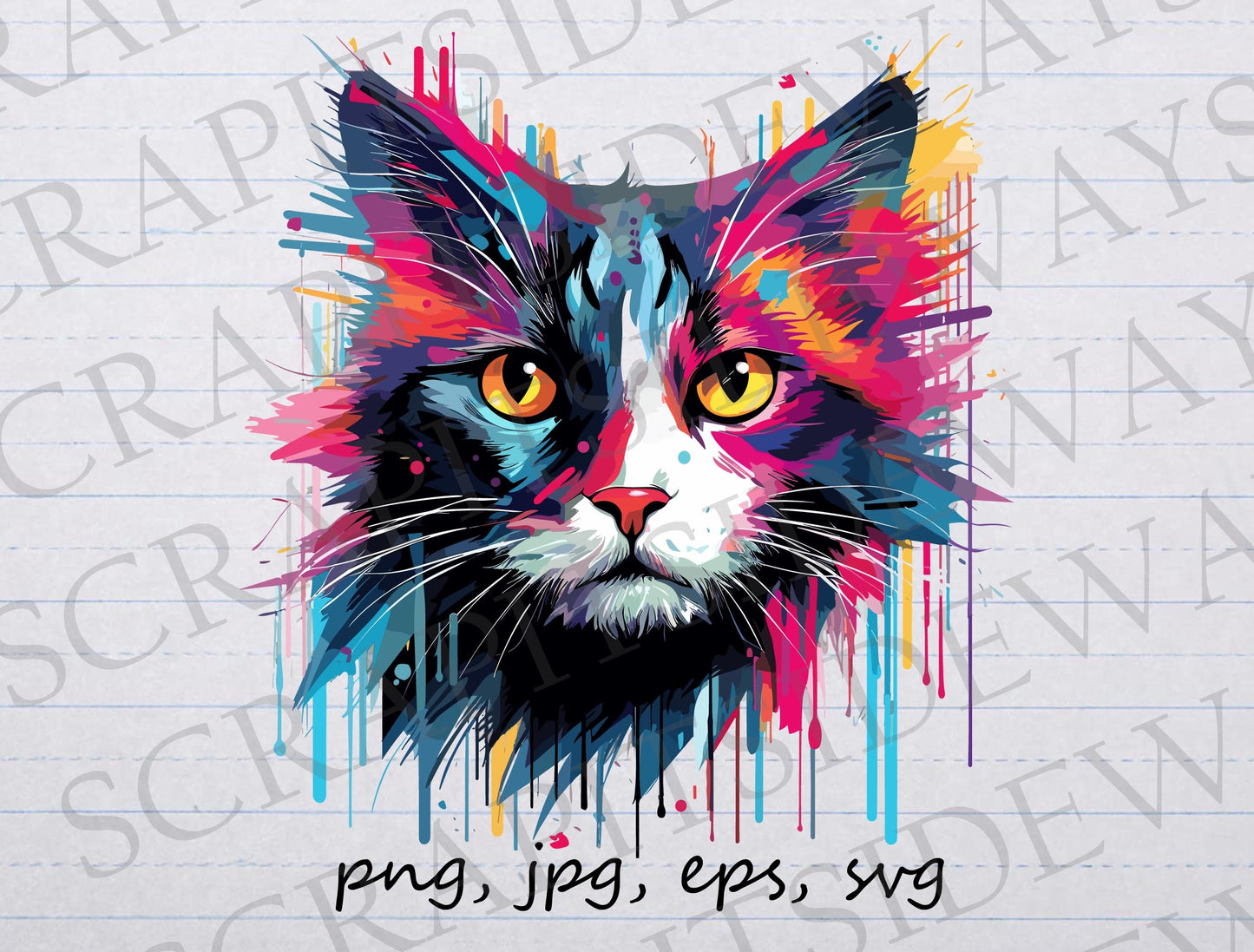 Glitch art cat clipart vector graphic svg png jpg eps kitty, kitten, abstract cat, rainbow cat, paint splatter cat