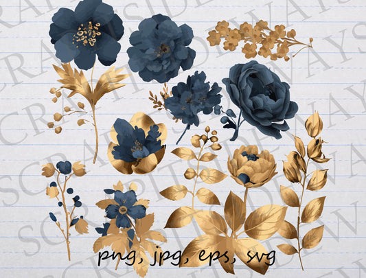 9 piece Navy blue and gold flowers clipart set svg Vector clipart png wedding birthday florals