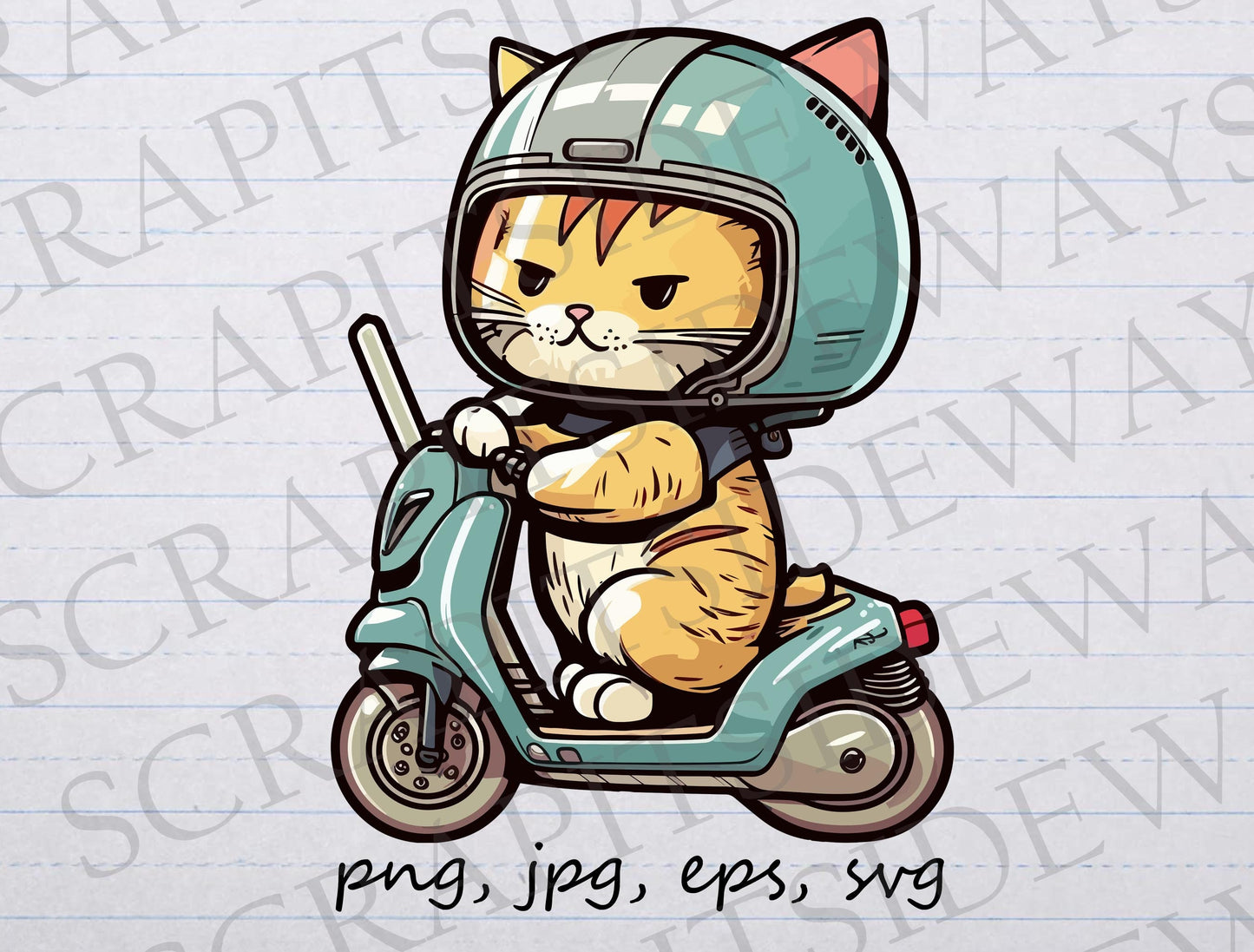 Cat on a Vespa scooter clipart vector graphic svg png jpg eps kitty