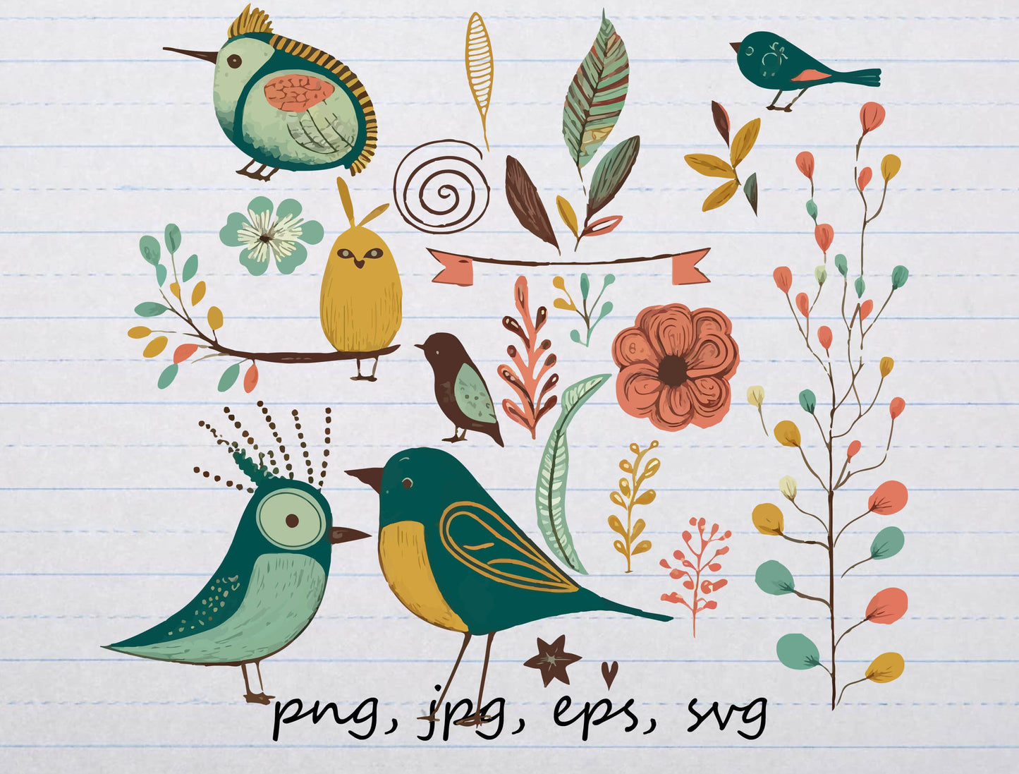 21 piece Whimsical Birds clipart set svg Vector clipart png brown teal pink