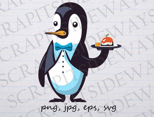 Penguin waiter clipart vector graphic svg png jpg eps sticker design t-shirt design server restaurant