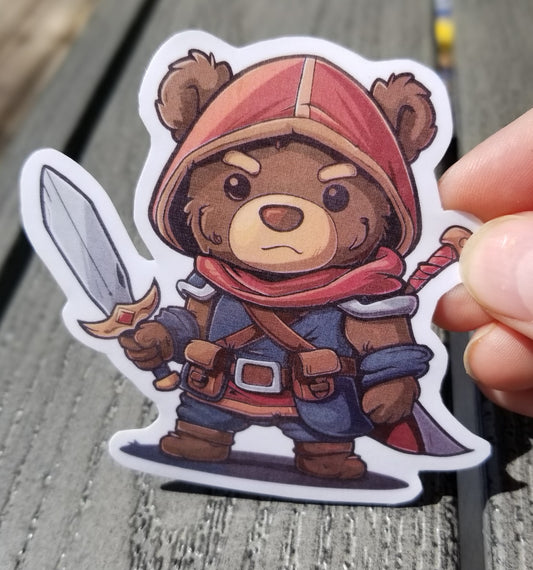 Adventure bear vinyl sticker 3 inches, water resistant decal, tabletop gaming bear, dungeon crawling bear, D & D bear, rogue bear