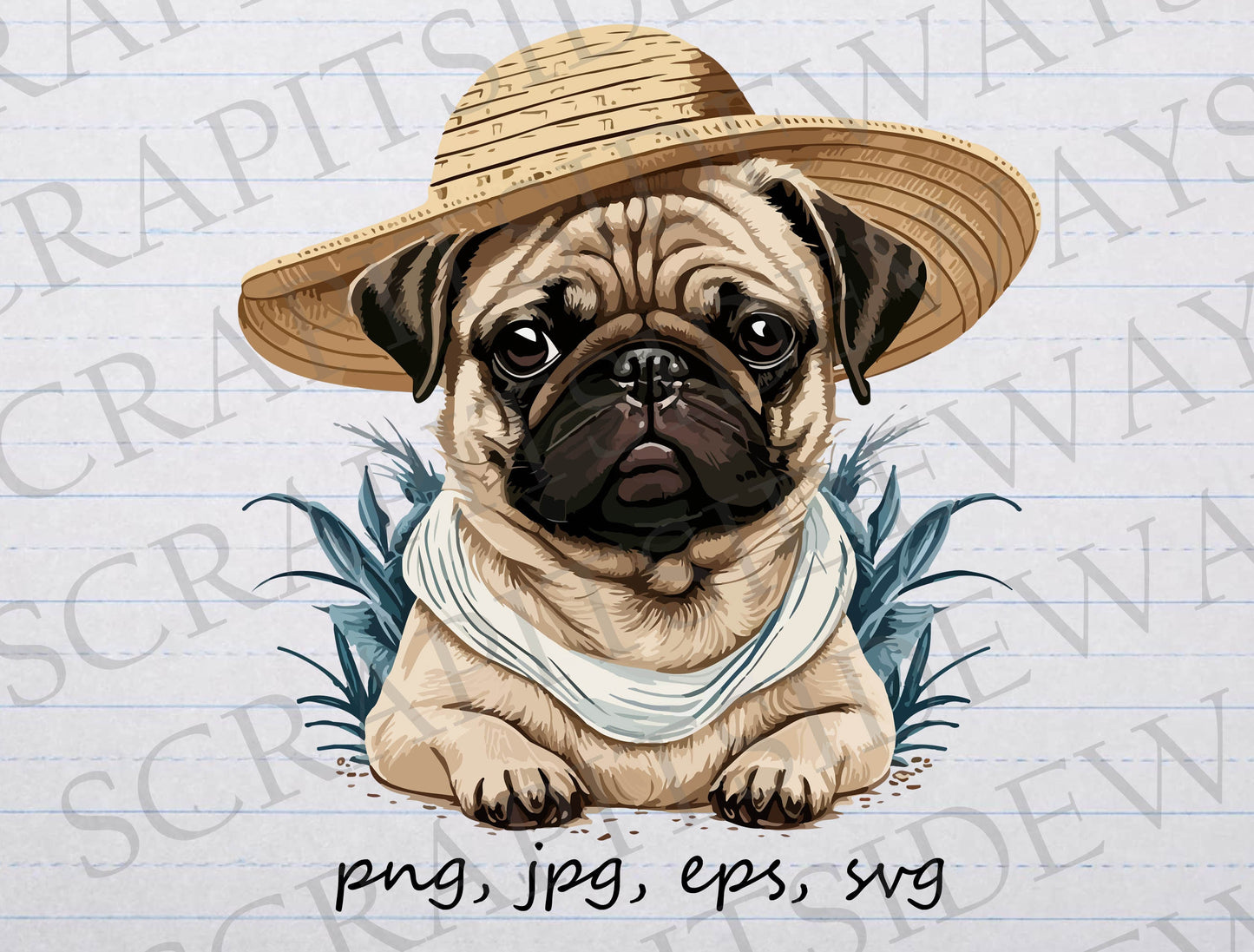 Pug in a sun hat clipart vector graphic svg png jpg eps cute beach summer