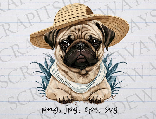 Pug in a sun hat clipart vector graphic svg png jpg eps cute beach summer