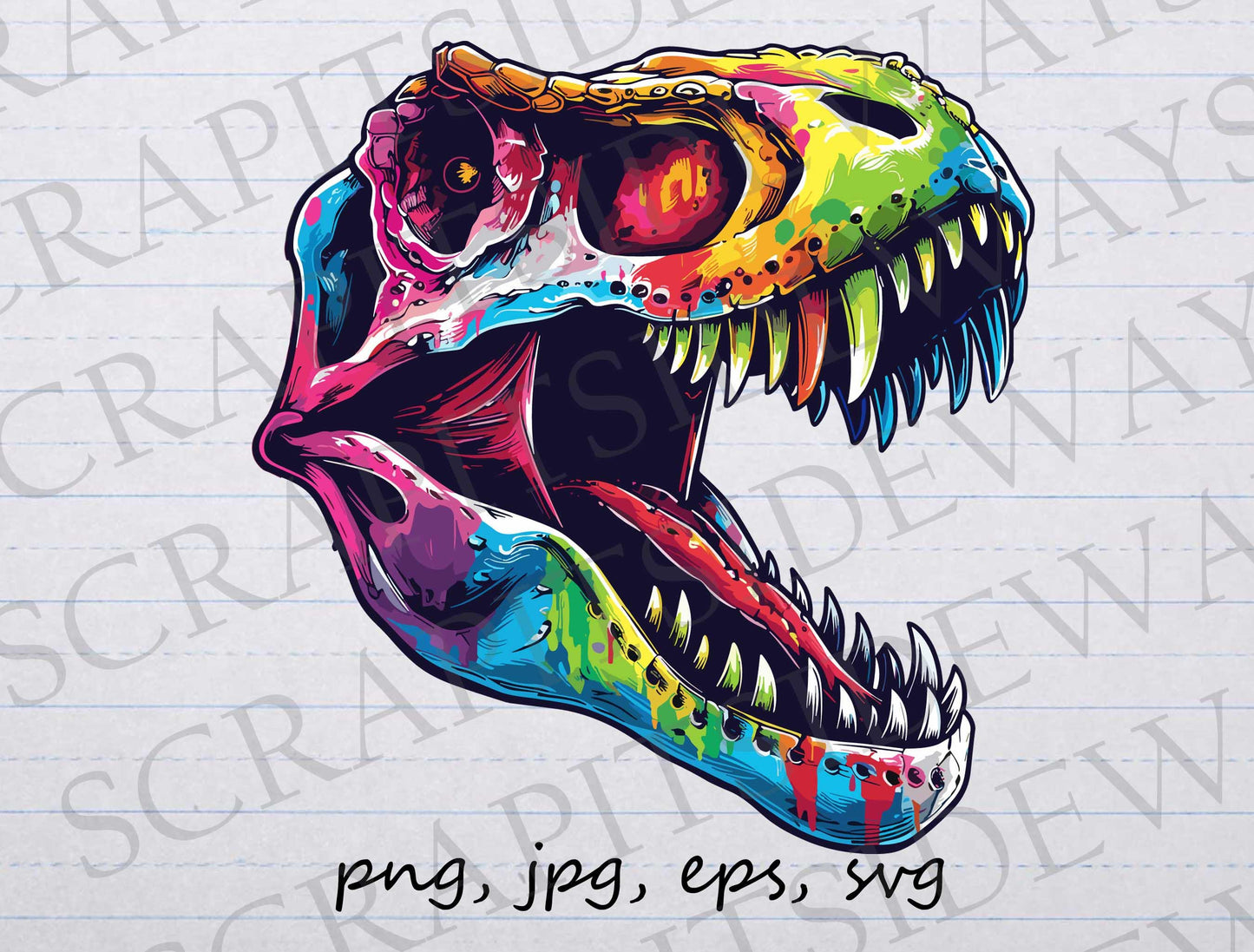 Rainbow T-Rex head clip art clipart vector graphic svg png jpg eps, dinosaur head, trex head, dinosaur skull