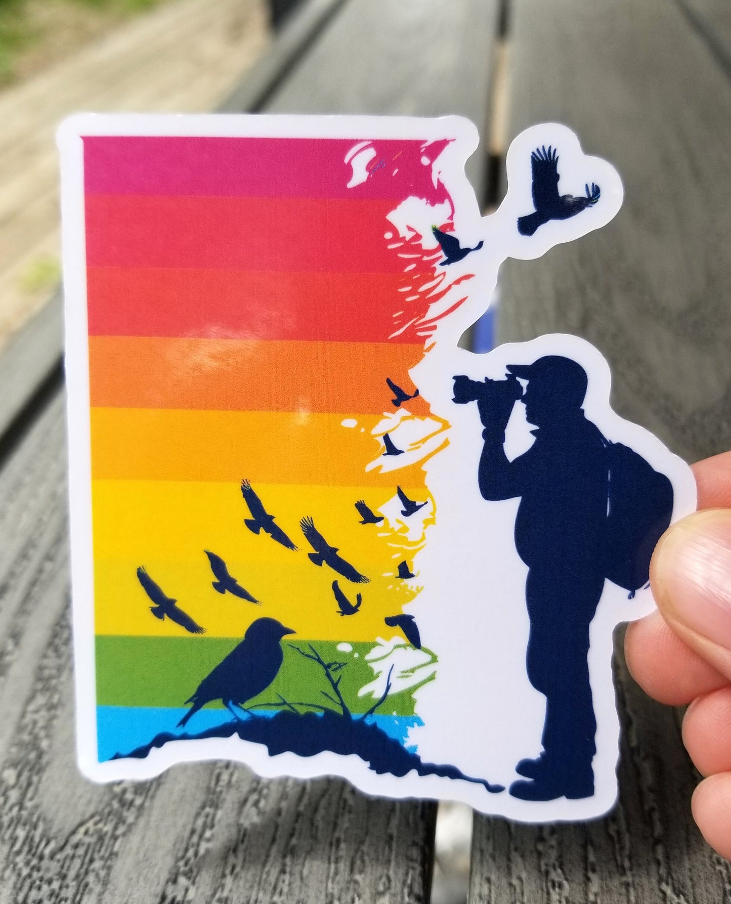 Rainbow bird watching vinyl sticker 3 inches, water resistant decal, birdwatching, bird lover, bird enthusiast, colorful bird watcher