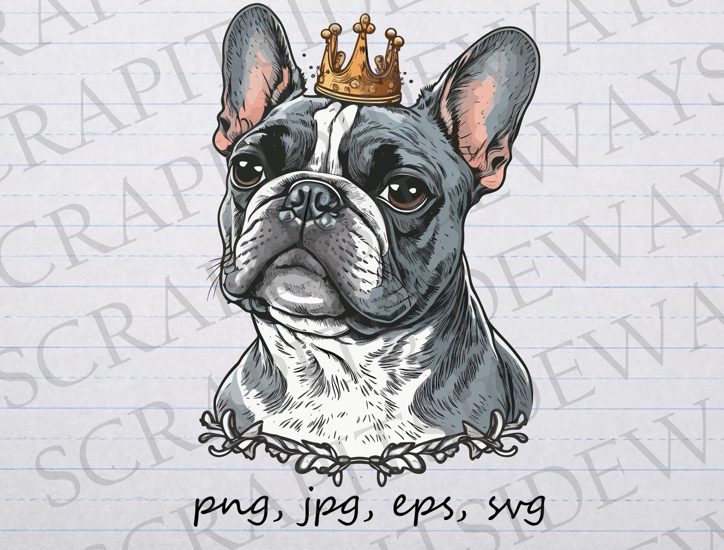 French Bulldog in a crown clipart vector graphic svg png jpg eps sticker design t-shirt design king dog prince royalty