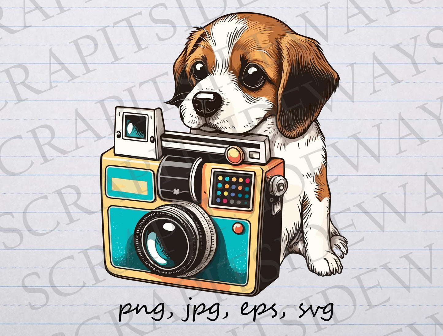 Dog with vintage camera clipart vector graphic svg png jpg eps sticker design t-shirt design retro camera puppy dog