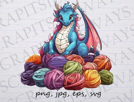 Dragon with yarn clipart vector graphic svg png jpg eps, knitting, crochet, yarn stash, yarn hoard, yarn stash