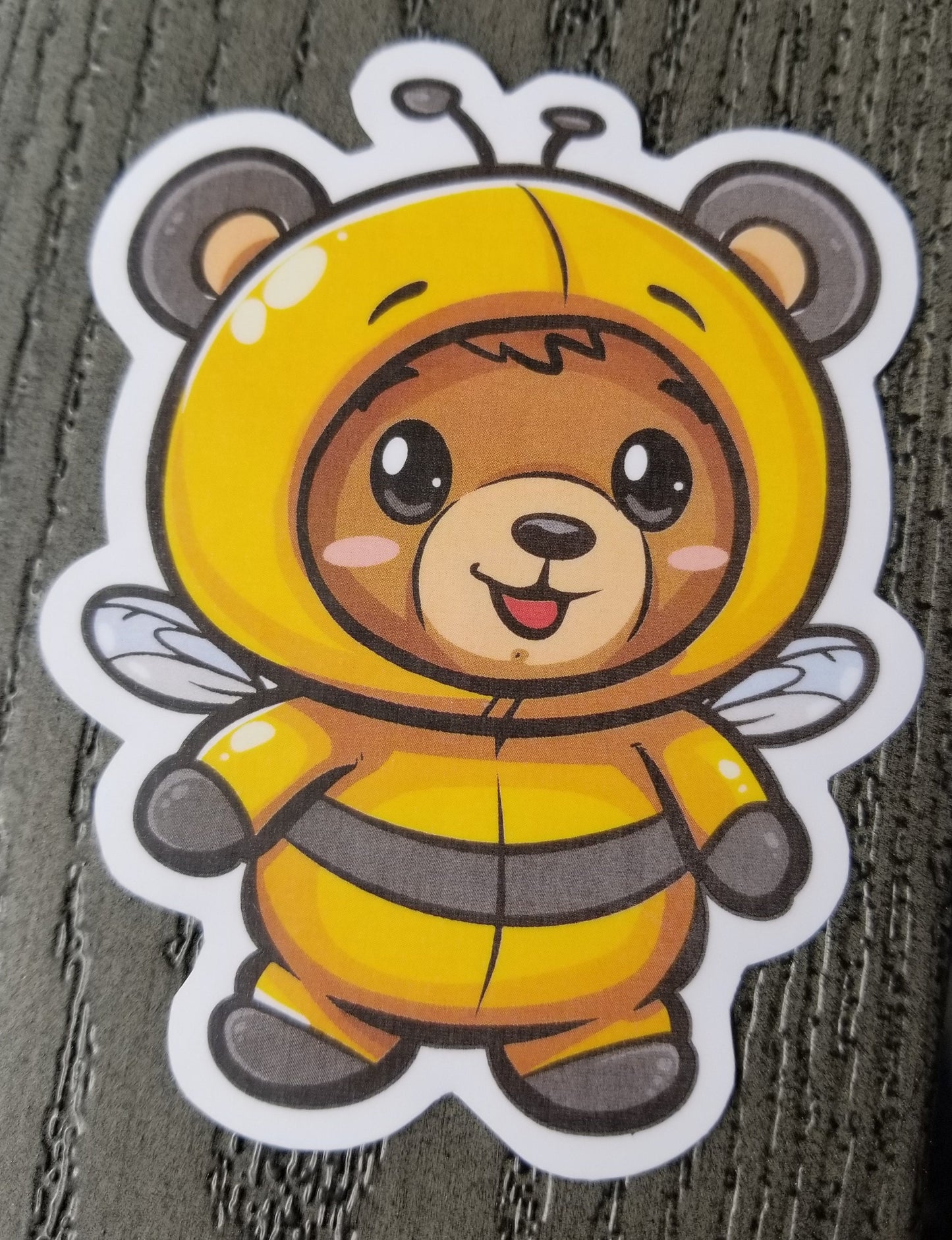 Cute bear in a bee costume vinyl sticker 3 inches, water resistant decal, bear bee, bumble bee bear, bear in costume, dressed up bear