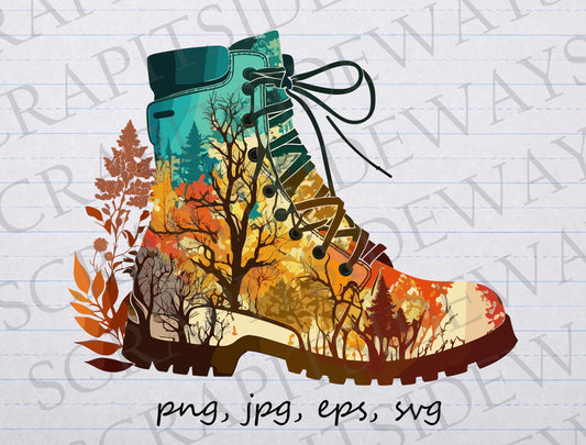 Colorful hiking boots with trees clip art clipart vector graphic svg png jpg eps, mountain climbing