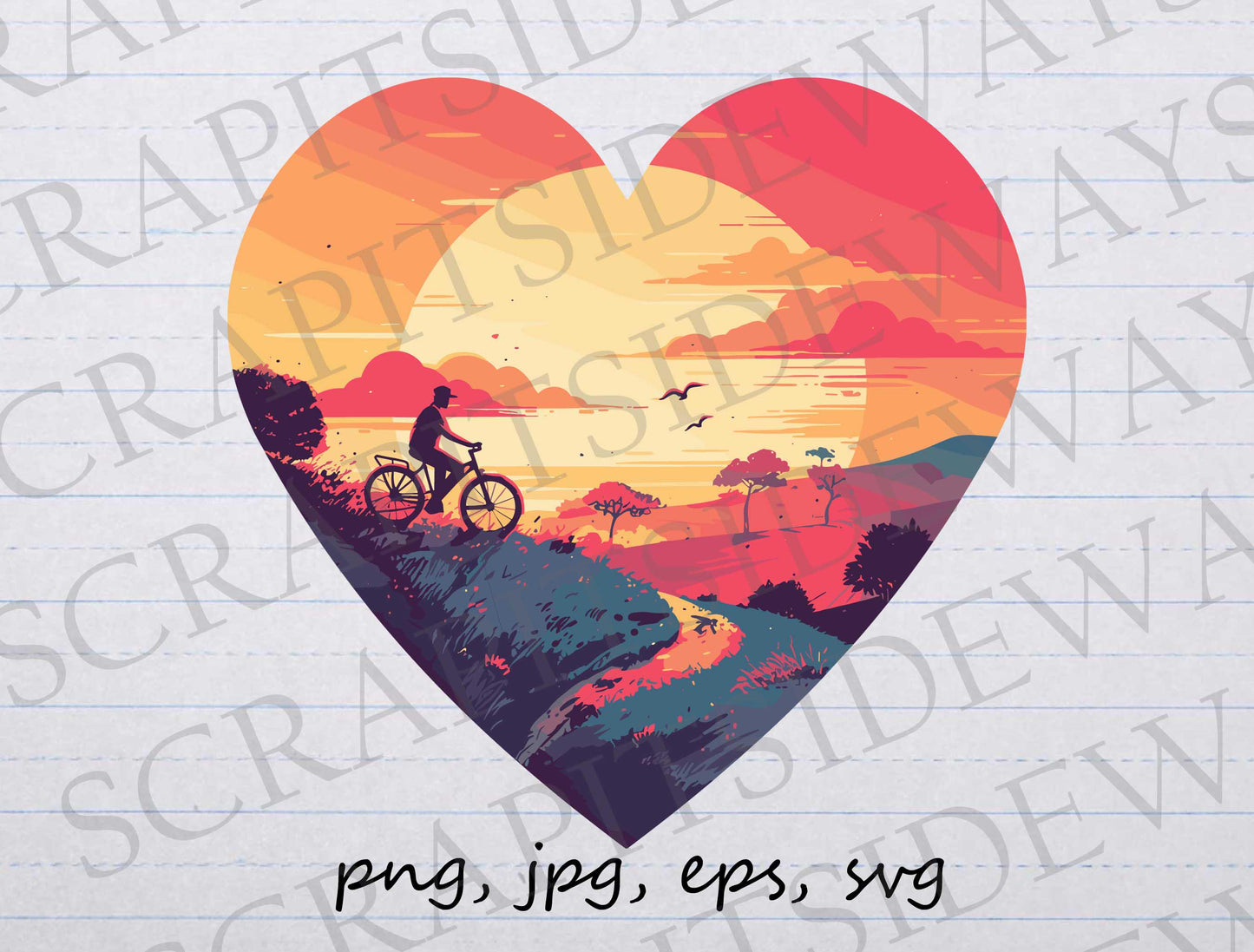 Sunset bicycle heart clip art clipart vector graphic svg png jpg eps, bike, bike scene, cycling, bicycle enthusiast, bike lover