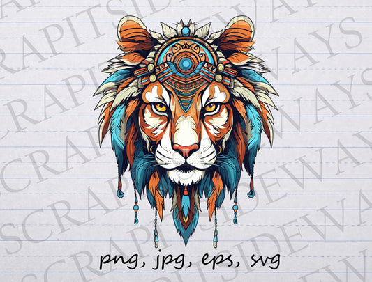 Boho Lion clip art clipart vector graphic svg png jpg eps sticker design wild cat, bohemian lion, animal, king of the jungle