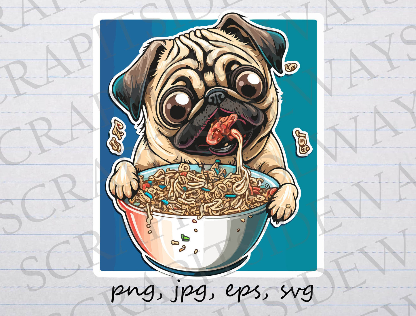 Pug eating noodles clipart vector graphic svg png jpg eps hungry dog