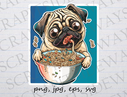 Pug eating noodles clipart vector graphic svg png jpg eps hungry dog