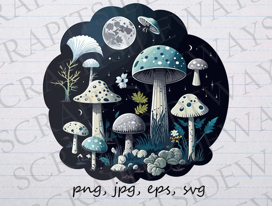 Mushrooms and moon clip art clipart vector graphic svg png jpg eps mycology fungi celestial witchy cottagecore