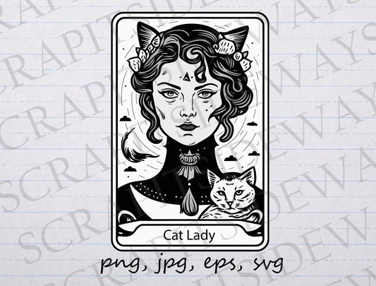 Cat Lady tarot card clipart vector graphic svg png jpg eps mytic psychic fortune card t-shirt design sticker design