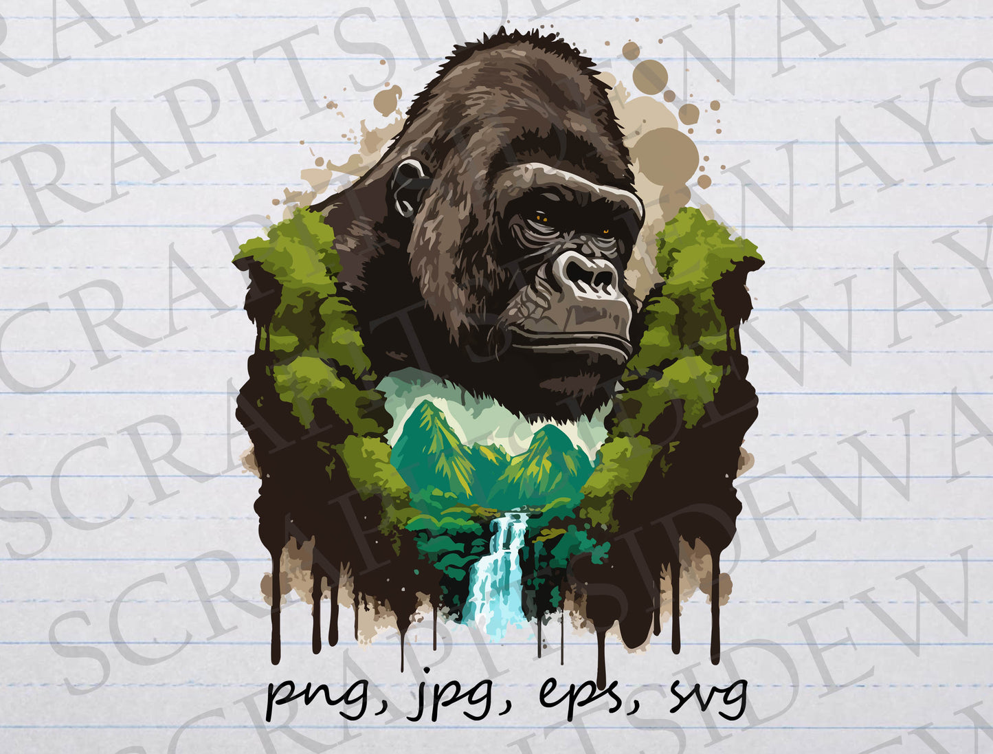 Gorilla jungle scene clipart vector graphic svg png jpg eps waterfall primate jungle