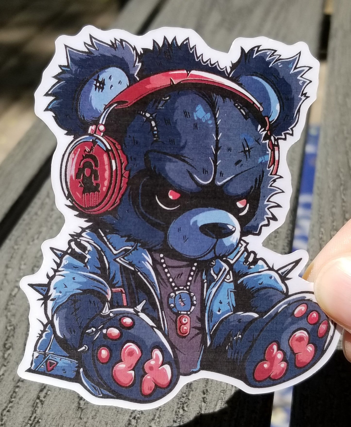 Urban punk teddy bear vinyl sticker 3 inches, water resistant decal, punk rock bear, bear in headphones, goth teddy bear, hardcore teddy