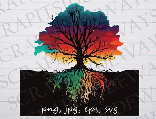 Colorful tree with roots clipart vector graphic svg png jpg eps psychedelic