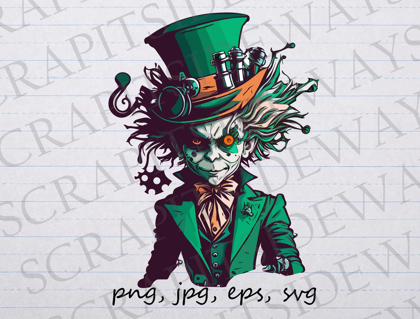 Futuristic mad hatter clipart vector graphic svg png jpg eps sci fi alice in wonderland scary spooky t-shirt design sticker design