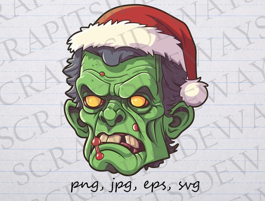 Frankenstein in a Santa hat clipart vector graphic svg png jpg eps sticker design, spooky xmas, horror Christmas, classic monster