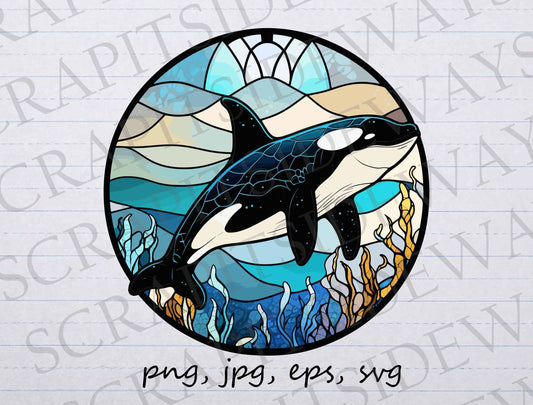 Stained glass orca clip art clipart vector graphic svg png jpg eps mosaic orca, stained glass killer whale