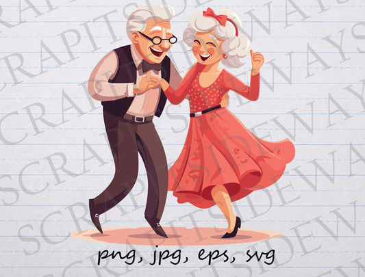 Cute old couple dancing clipart vector graphic svg png jpg eps grandpa elderly couple grandma t-shirt design sticker design