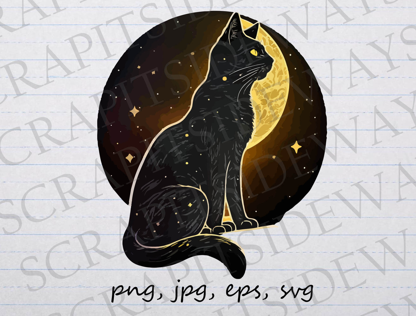 Celestial Black cat clipart vector graphic svg png jpg eps kitten moon stars night sky