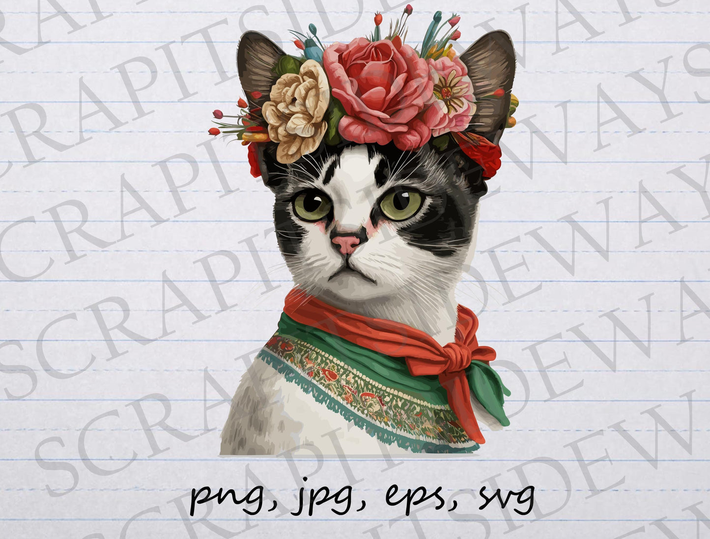 Frida Kahlo Cat clipart vector graphic svg png jpg eps kitty kitten cat with flowers