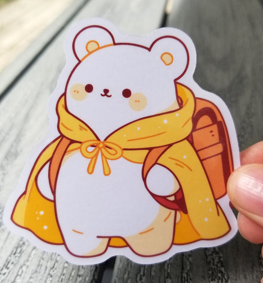 Bear in travel cloak vinyl sticker 3 inches, water resistant decal, cute kawaii bear, traveling bear, bear with backpack, white bear