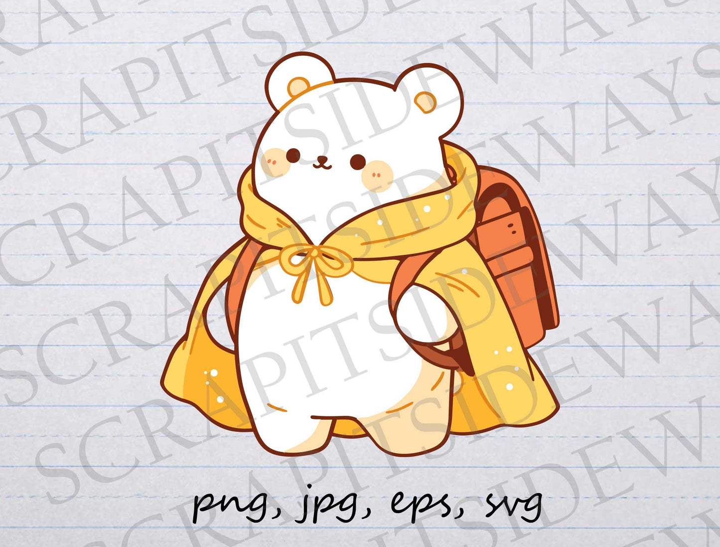 Cute Bear in traveling cloak clip art clipart vector graphic svg png jpg eps, bear in cape, yellow cloak, kawaii bear