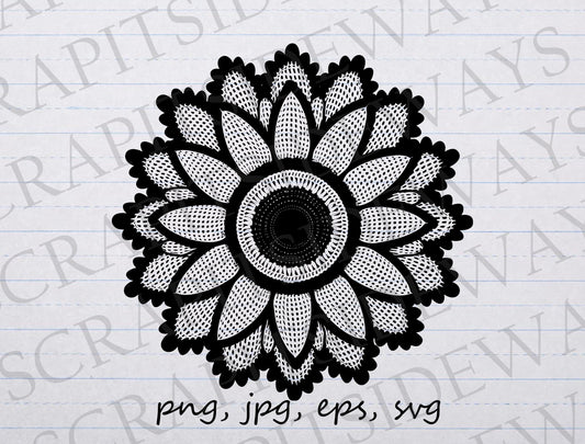 Black flower doily clipart vector graphic svg png jpg eps crocheting, knitting, crochet flower, fiber arts, knit flower