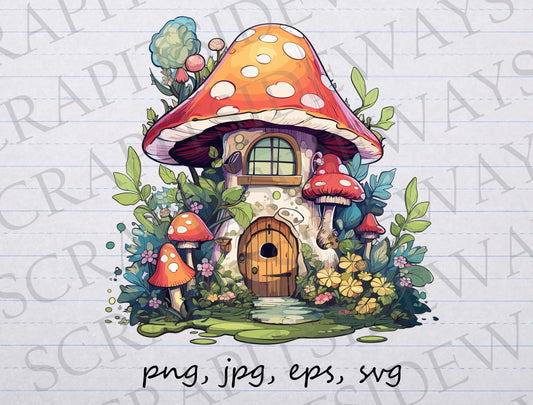 Fairy mushroom house vector graphic svg png jpg eps t-shirt design fantasy home magical house magic house