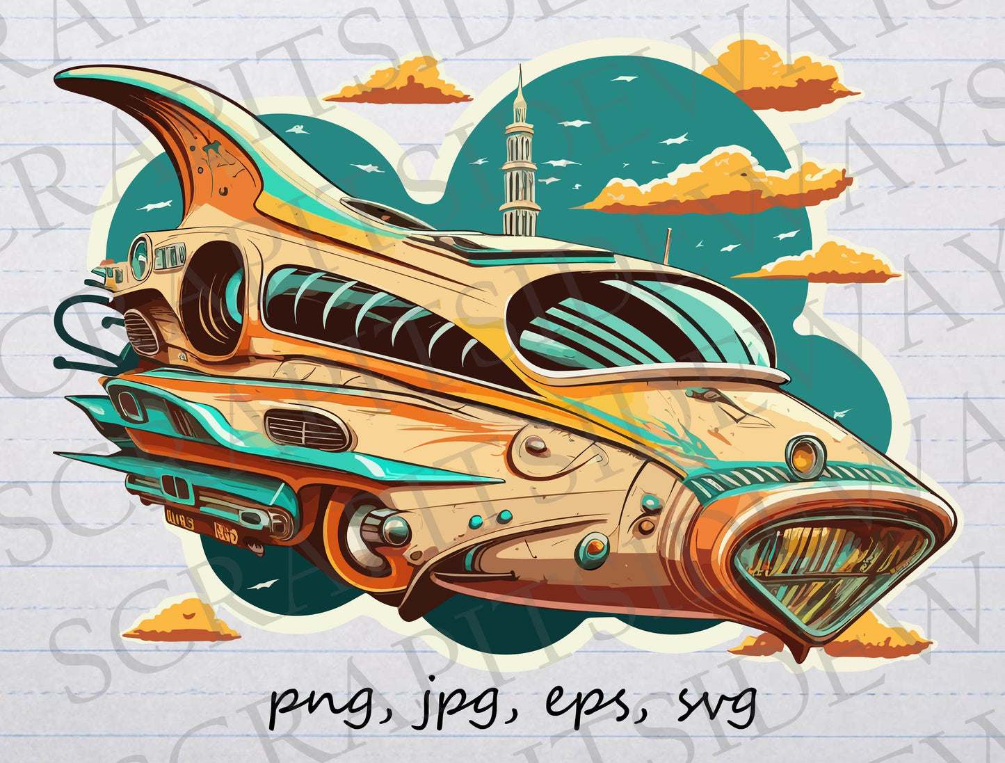 Retro futuristic flying car clipart vector graphic svg png jpg eps sci fi car space ship