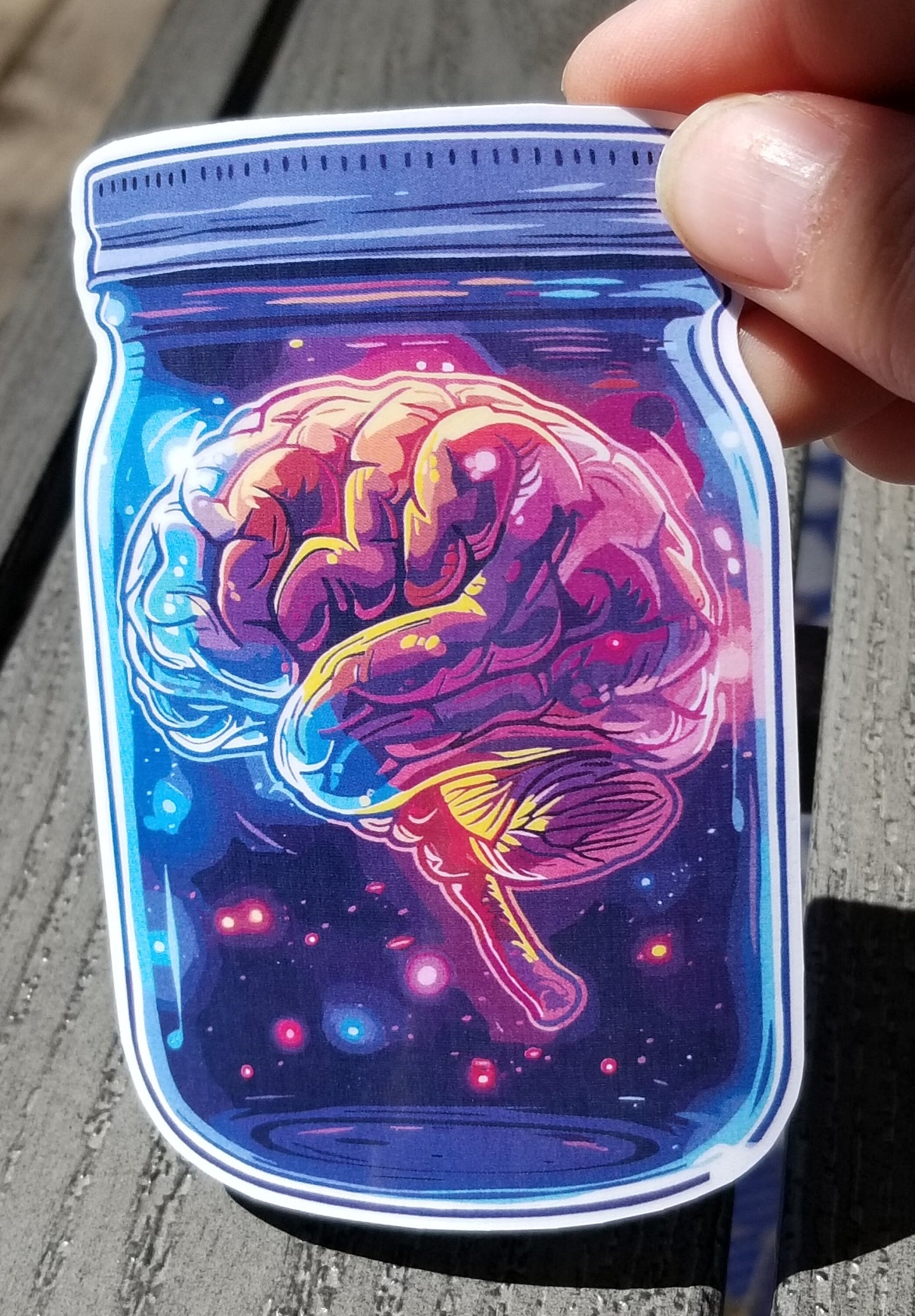 Neon Brain in a jar vinyl sticker 4 inches, water resistant decal, anatomy, brain mason jar, colorful brain, galaxy brain