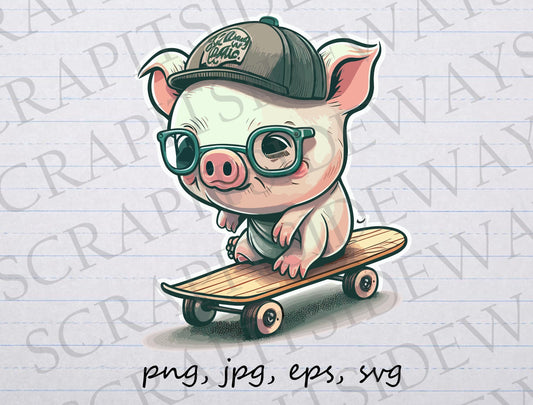 Cute pig on skateboard clipart vector graphic svg png jpg sticker design t-shirt design pig in glasses skater pig